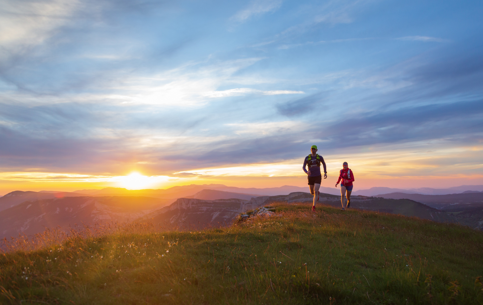 Trail running at sunset